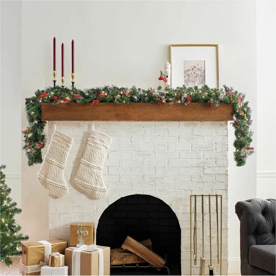 National Tree Wintry Pine Garland, 9 ft, Green, Pre-Lit with 100 Clear Lights, Includes Spare Bulbs and Fuses, 1 Each