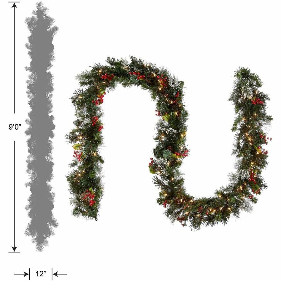 National Tree Wintry Pine Garland, 9 ft, Green, Pre-Lit with 100 Clear Lights, Includes Spare Bulbs and Fuses, 1 Each