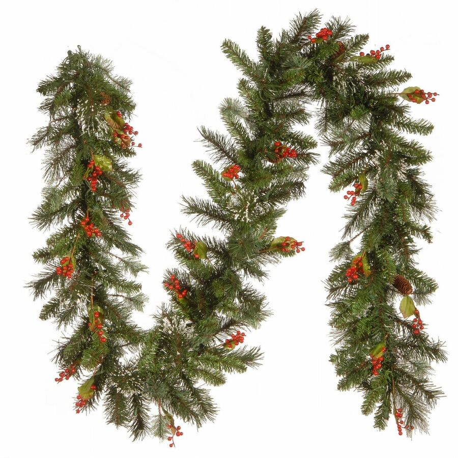 National Tree Wintry Pine Garland, 9 ft, Green, Pre-Lit with 100 Clear Lights, Includes Spare Bulbs and Fuses, 1 Each