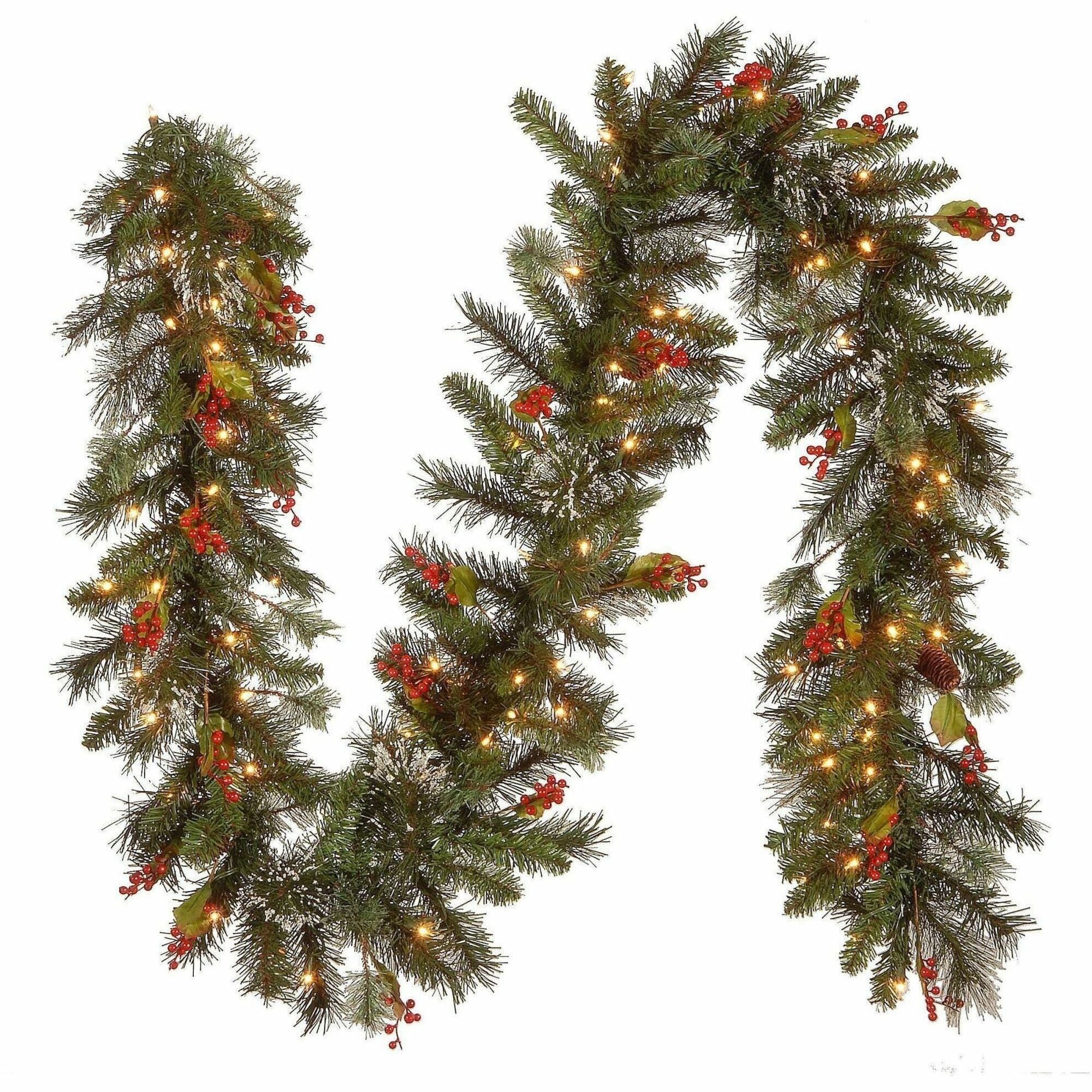 National Tree Wintry Pine Garland, 9 ft, Green, Pre-Lit with 100 Clear Lights, Includes Spare Bulbs and Fuses, 1 Each