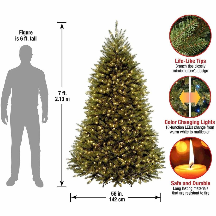 National Tree Dunhill Fir Christmas Tree, 7 ft, Green, Pre-Lit Dual Color LED Lights, Includes Foot Pedal and Sturdy Metal Stand, 1 Each