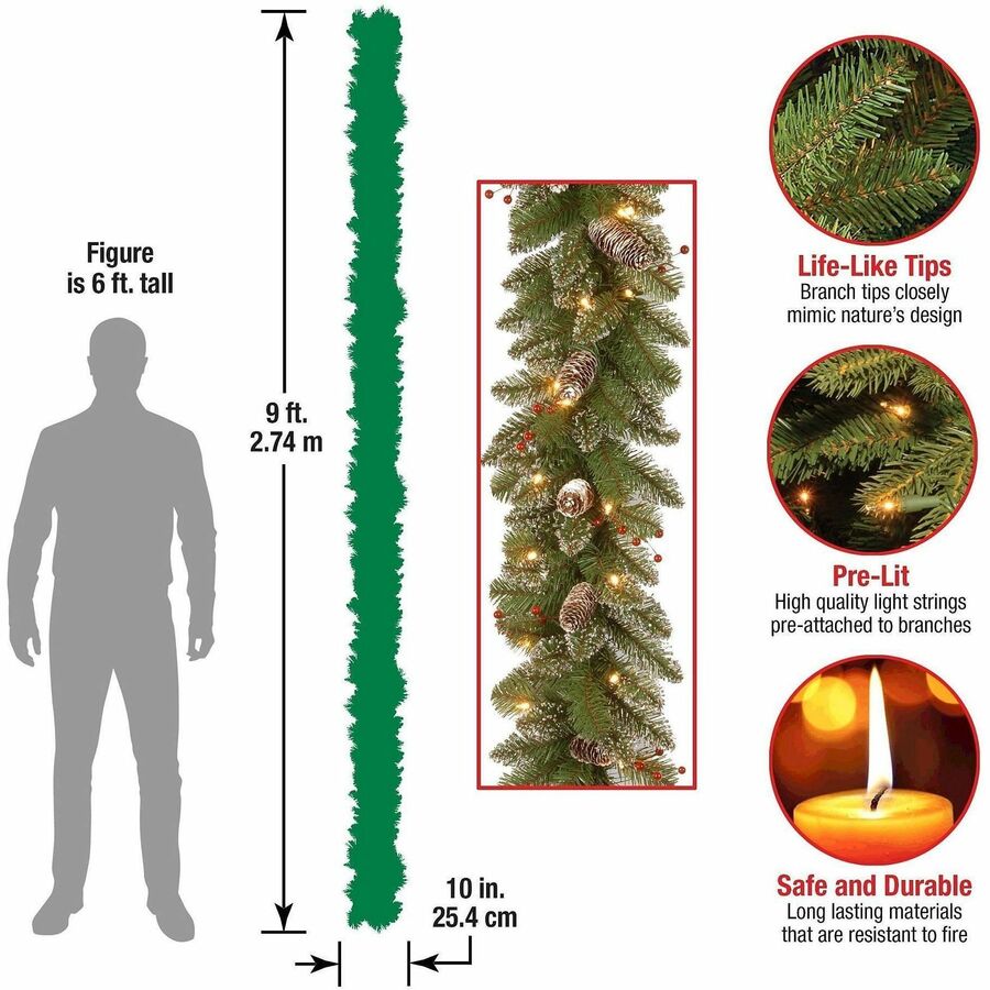 National Tree Glittery Mountain Spruce Garland, Green, 108" x 10" x 4", 50 Clear Lights, 1 Each, Christmas Theme