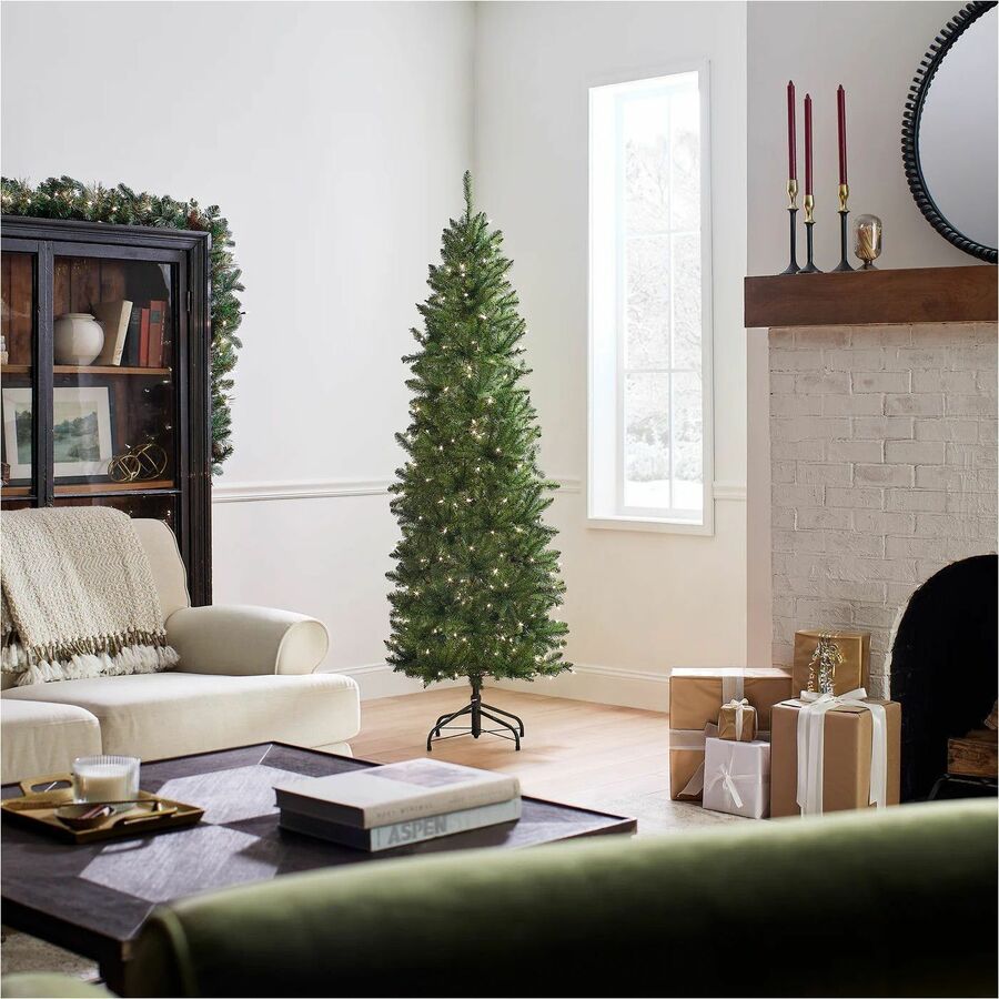 National Tree Kingswood Fir Slim Pencil Christmas Tree, Green, 78" Height x 28" Width, Pre-strung Clear Lights, Includes Sturdy Metal Stand, 1 Each