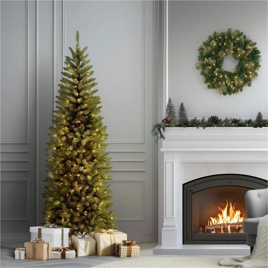National Tree Kingswood Fir Slim Pencil Christmas Tree, Green, 78" Height x 28" Width, Pre-strung Clear Lights, Includes Sturdy Metal Stand, 1 Each