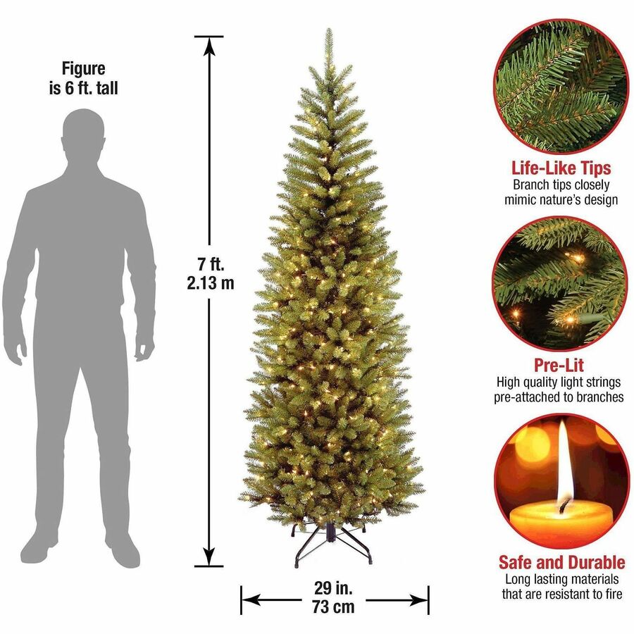 National Tree Kingswood Fir Slim Pencil Christmas Tree, 7 ft, Green, Pre-strung Clear Lights, Includes Sturdy Metal Stand, 1 Each