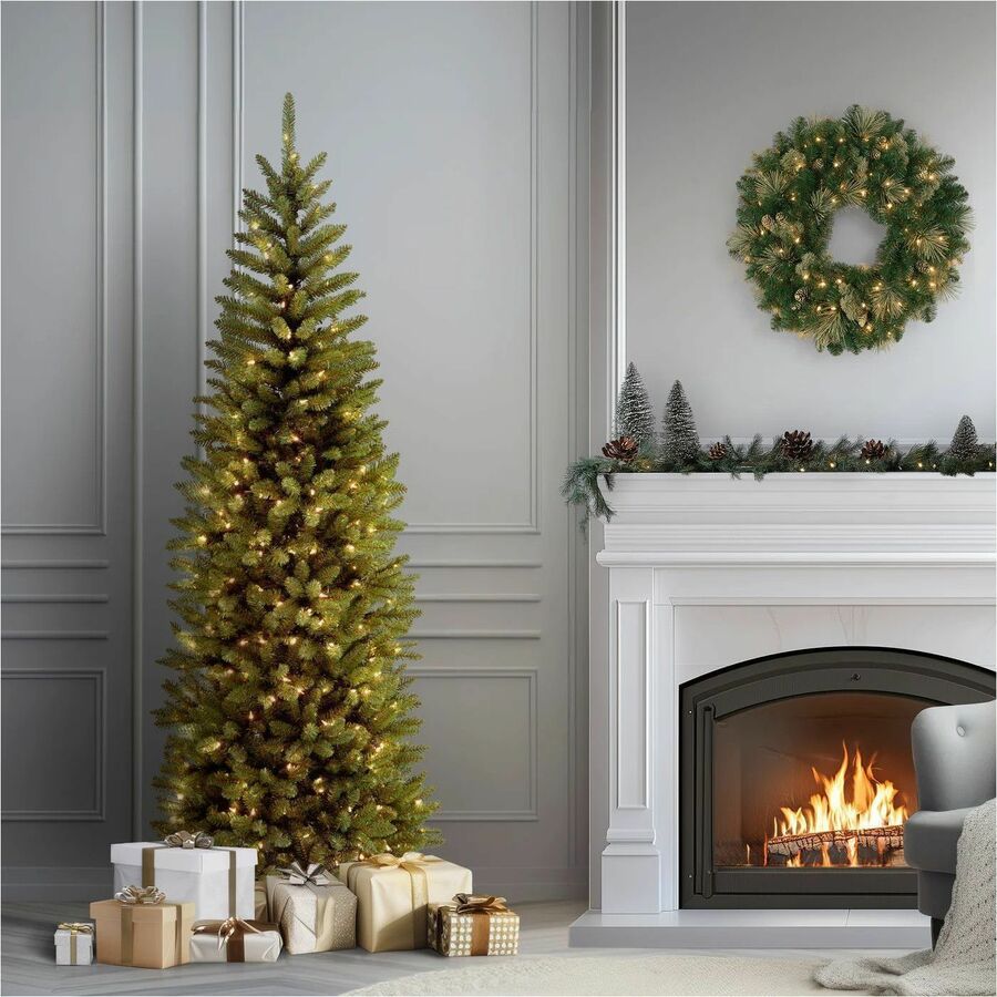 National Tree Kingswood Fir Slim Pencil Christmas Tree, 7 ft, Green, Pre-strung Clear Lights, Includes Sturdy Metal Stand, 1 Each