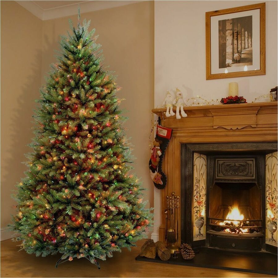National Tree Dunhill Fir Christmas Tree, 78" Height x 53" Width, Green with Multicolor LED Lights, Includes 1 Tree, Metal Stand, Spare Bulbs and Fuses