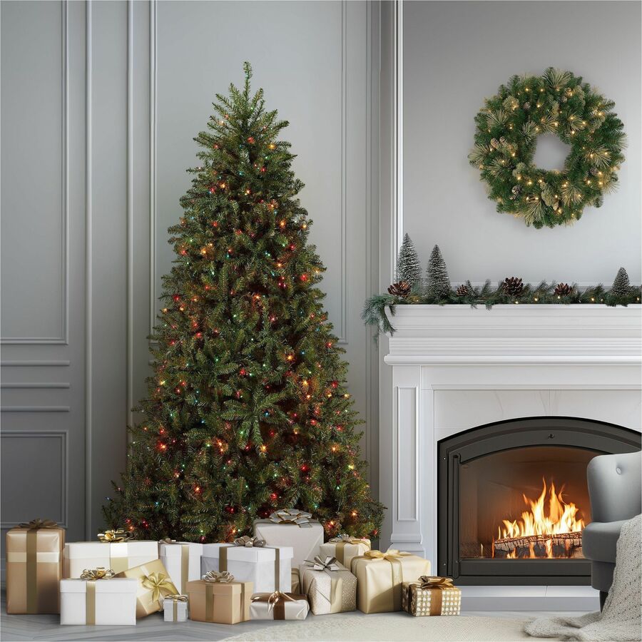 National Tree Dunhill Fir Christmas Tree, 78" Height x 53" Width, Green with Multicolor LED Lights, Includes 1 Tree, Metal Stand, Spare Bulbs and Fuses