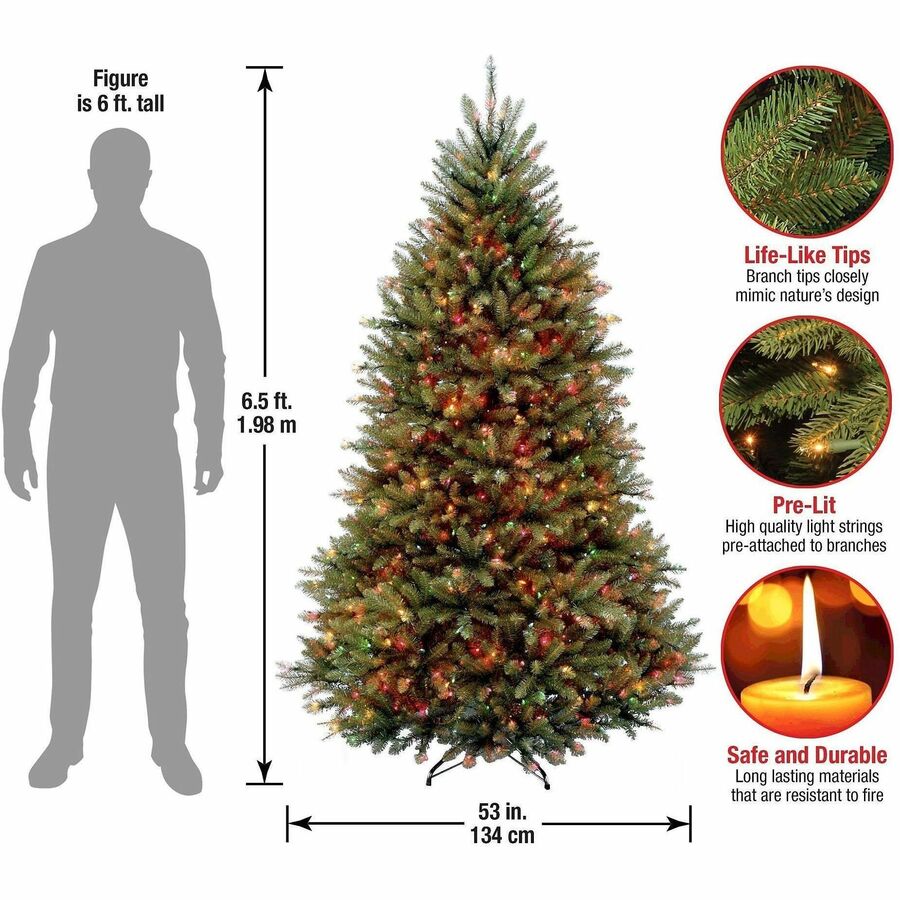 National Tree Dunhill Fir Christmas Tree, 78" Height x 53" Width, Green with Multicolor LED Lights, Includes 1 Tree, Metal Stand, Spare Bulbs and Fuses