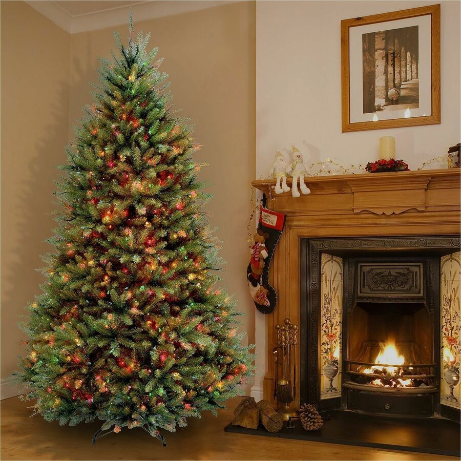 National Tree Dunhill Fir Christmas Tree, 78" Height x 53" Width, Green with Multicolor LED Lights, Includes 1 Tree, Metal Stand, Spare Bulbs and Fuses