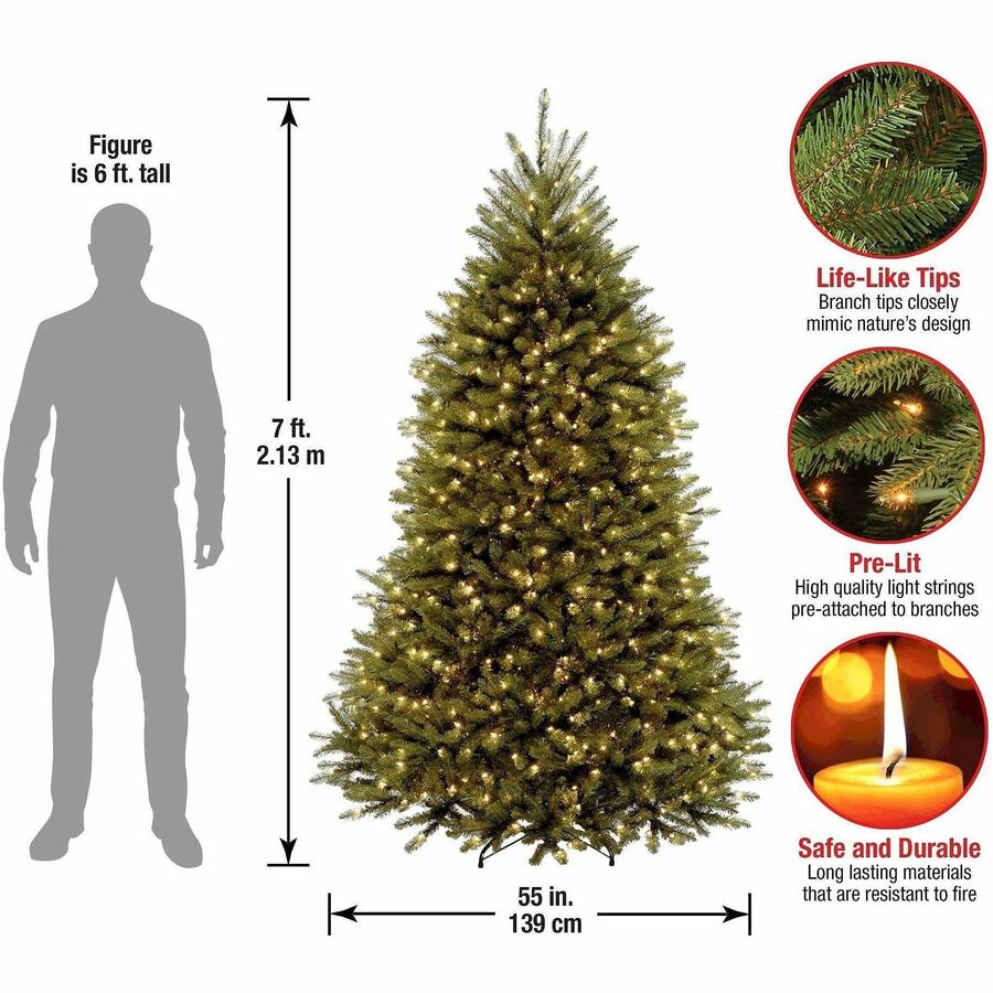 National Tree Dunhill Fir Christmas Tree, Green, 7 ft, Pre-lit with Clear LED Lights, Includes 1 Tree, Metal Stand, Spare Bulbs and Fuses