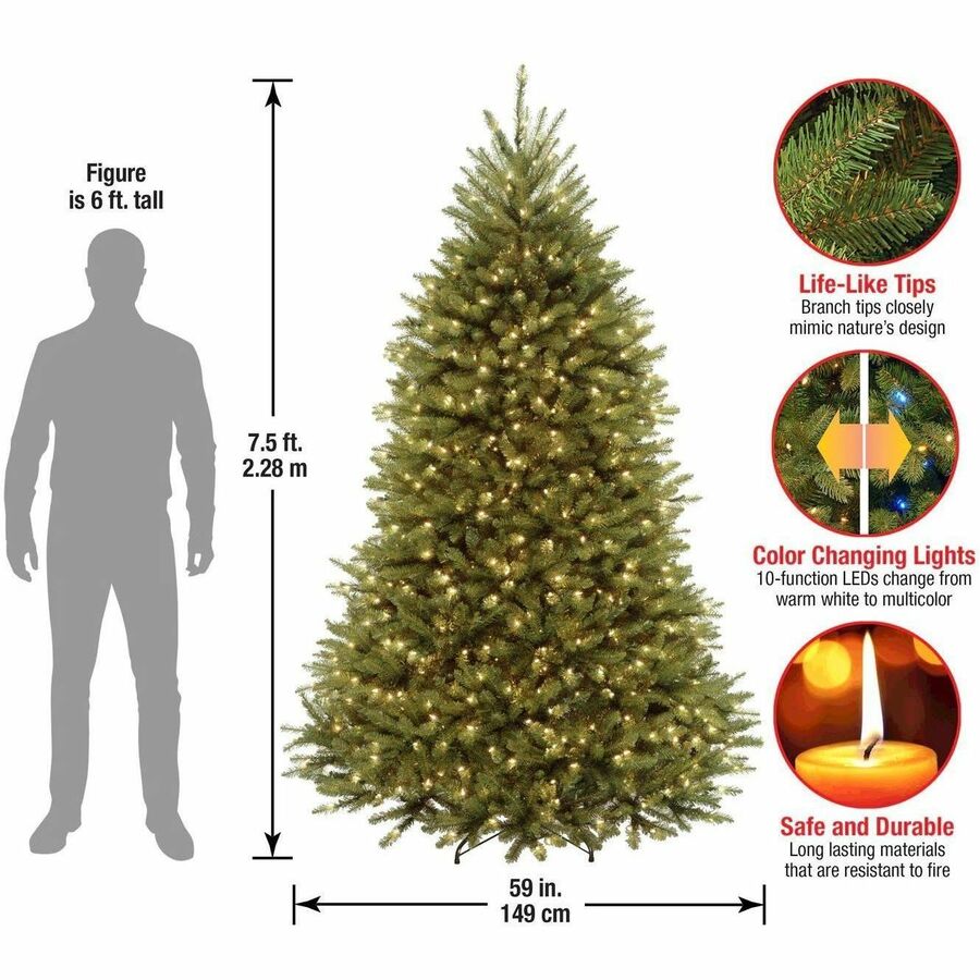 National Tree Dunhill Fir Christmas Tree, Green, 7.5 ft, Dual Color LED Lights, Hinged Branches, Includes Metal Stand, 1 Each