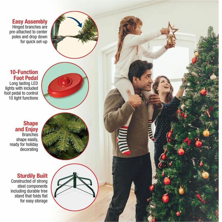 National Tree Dunhill Fir Christmas Tree, Green, 7.5 ft, Dual Color LED Lights, Hinged Branches, Includes Metal Stand, 1 Each