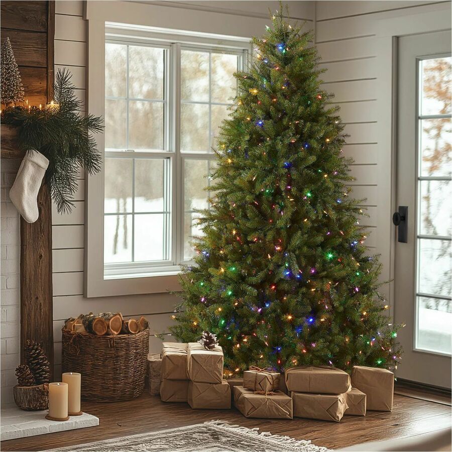 National Tree Dunhill Fir Christmas Tree, Green, 7.5 ft, Dual Color LED Lights, Hinged Branches, Includes Metal Stand, 1 Each