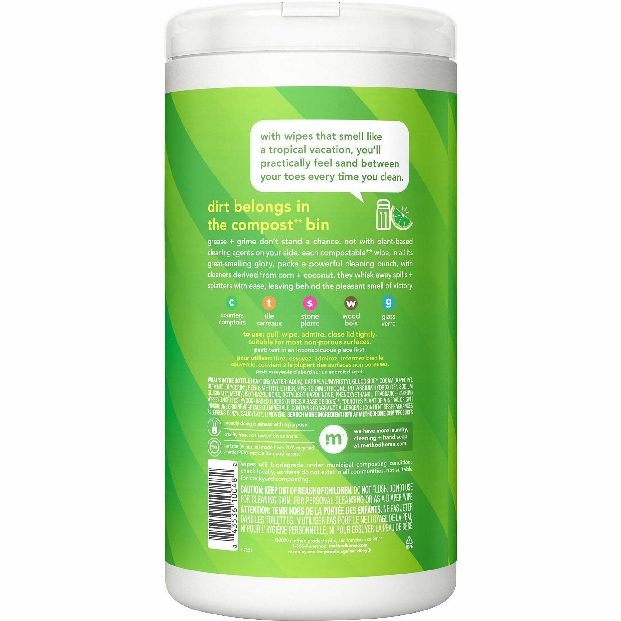 Method All-purpose Cleaning Wipes, Lime + Seasalt Scent, Green, 70 Wipes per Tub, 1 Tub