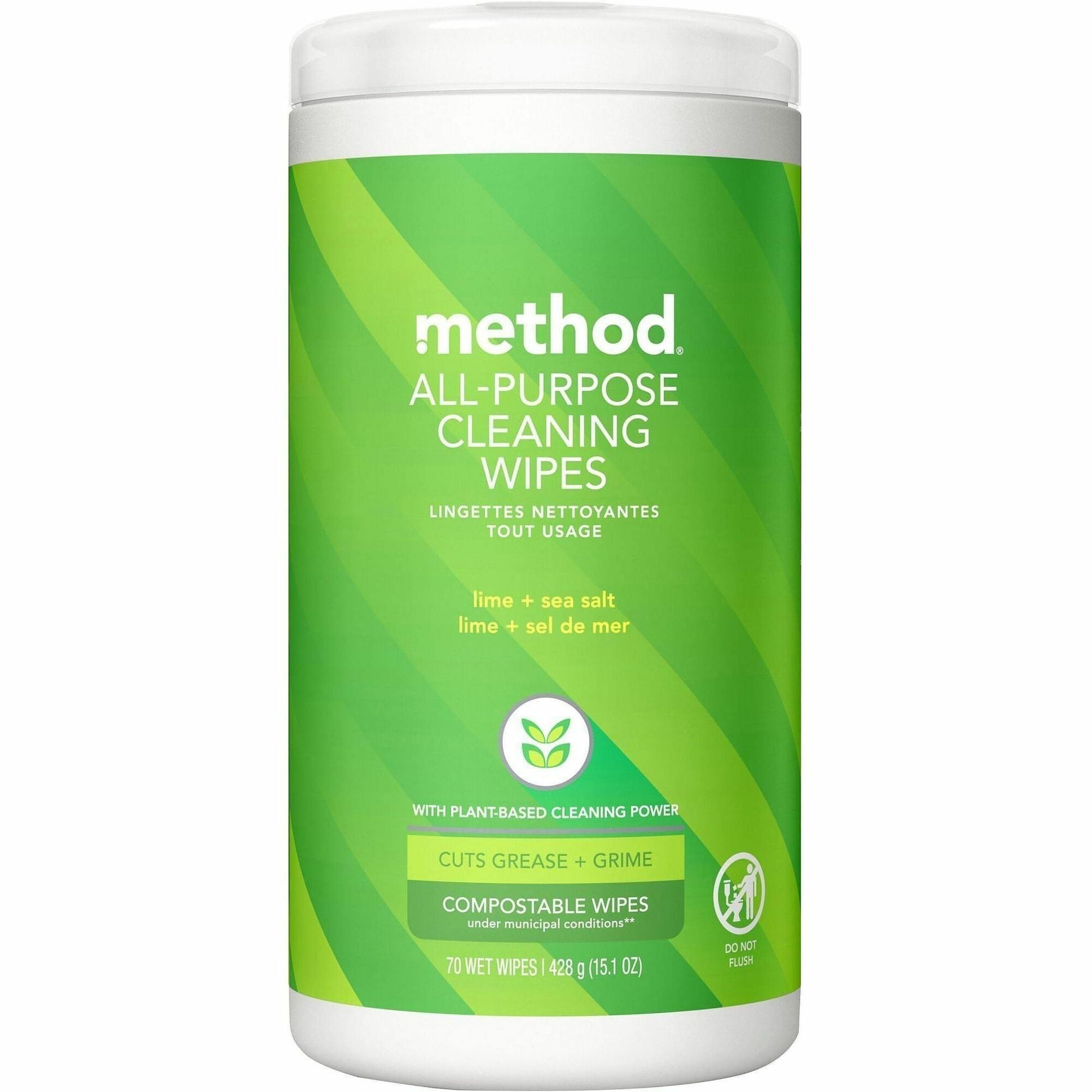 Method All-purpose Cleaning Wipes, Lime + Seasalt Scent, Green, 70 Wipes per Tub, 1 Tub