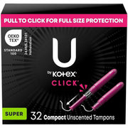 Kimberly-Clark Click Compact Tampons, Super Absorbency, Anti-leak, Fragrance-free, Chlorine-free, Pesticide-free, BPA-free, 32 Count Box