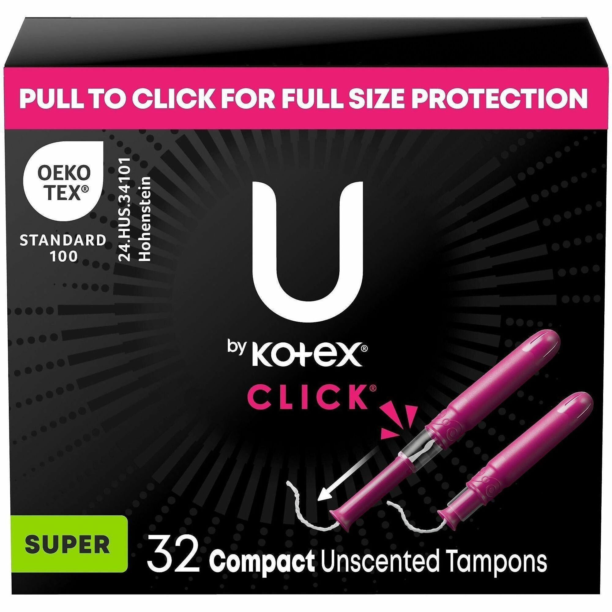 Kimberly-Clark Click Compact Tampons, Super Absorbency, Anti-leak, Fragrance-free, Chlorine-free, Pesticide-free, BPA-free, 32 Count Box