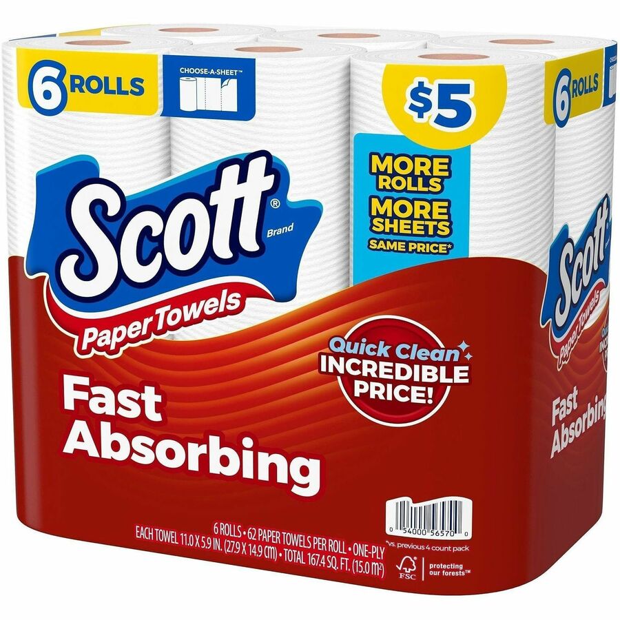 Scott Choose-A-Sheet Paper Towels, 62 Sheets per Roll, White, 6 Pack
