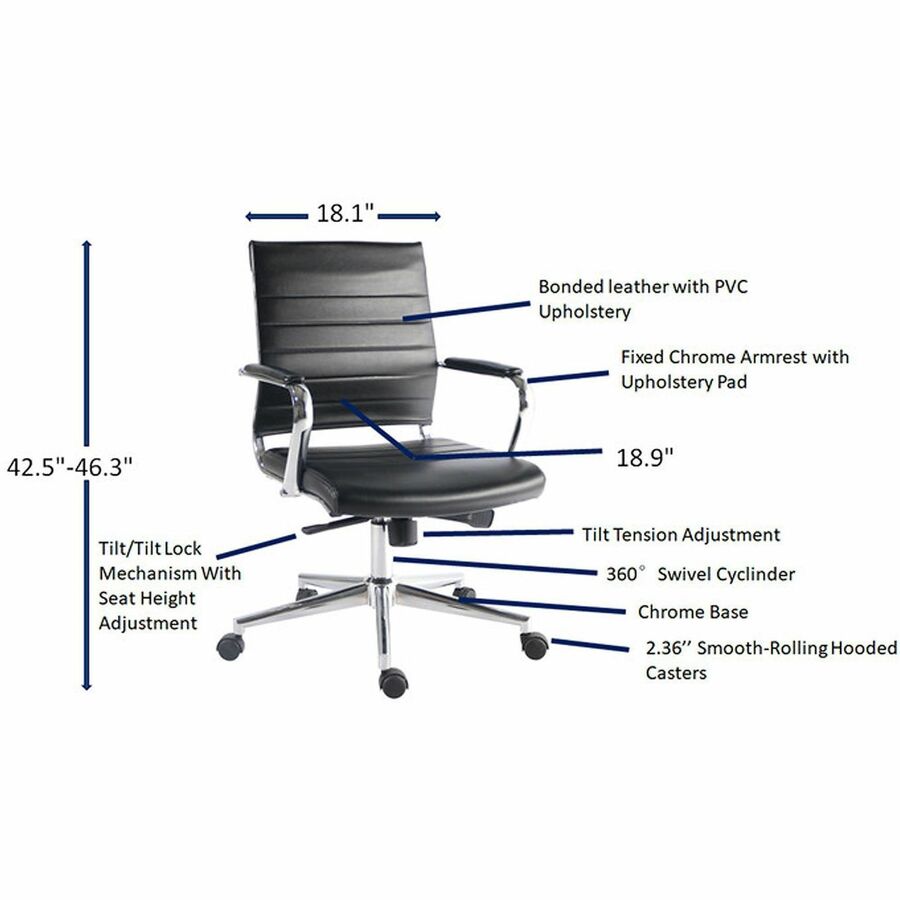 Chrome Frame Material - Mid Back - Black - Leather, Chrome - Armrest - 1 Each