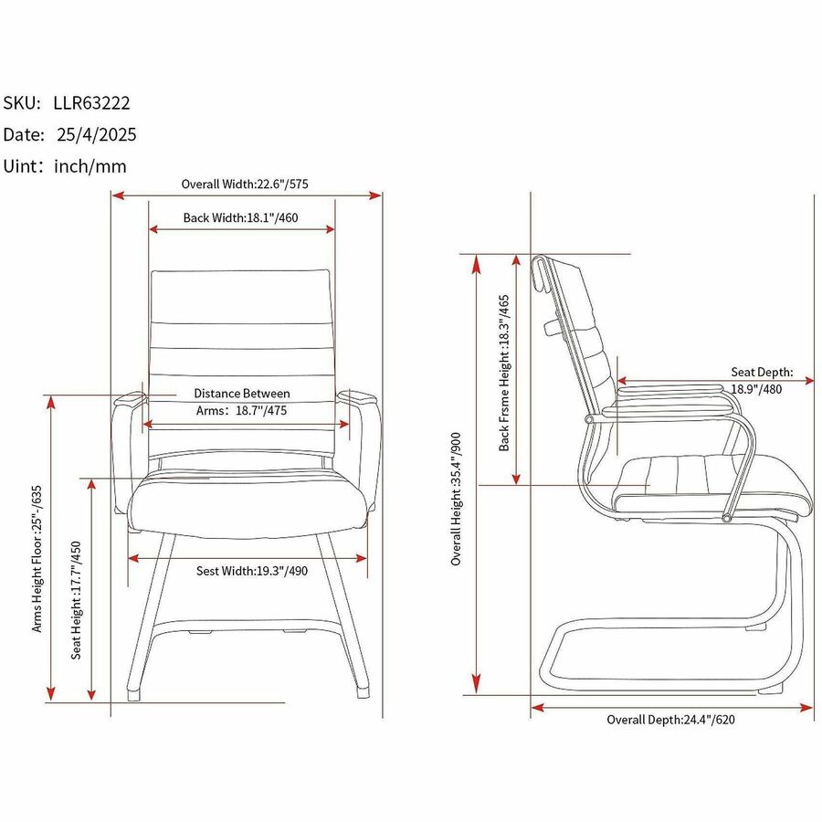 Chrome Frame Material - Cantilever Base - Black - Leather, Chrome - Armrest - 1 Each