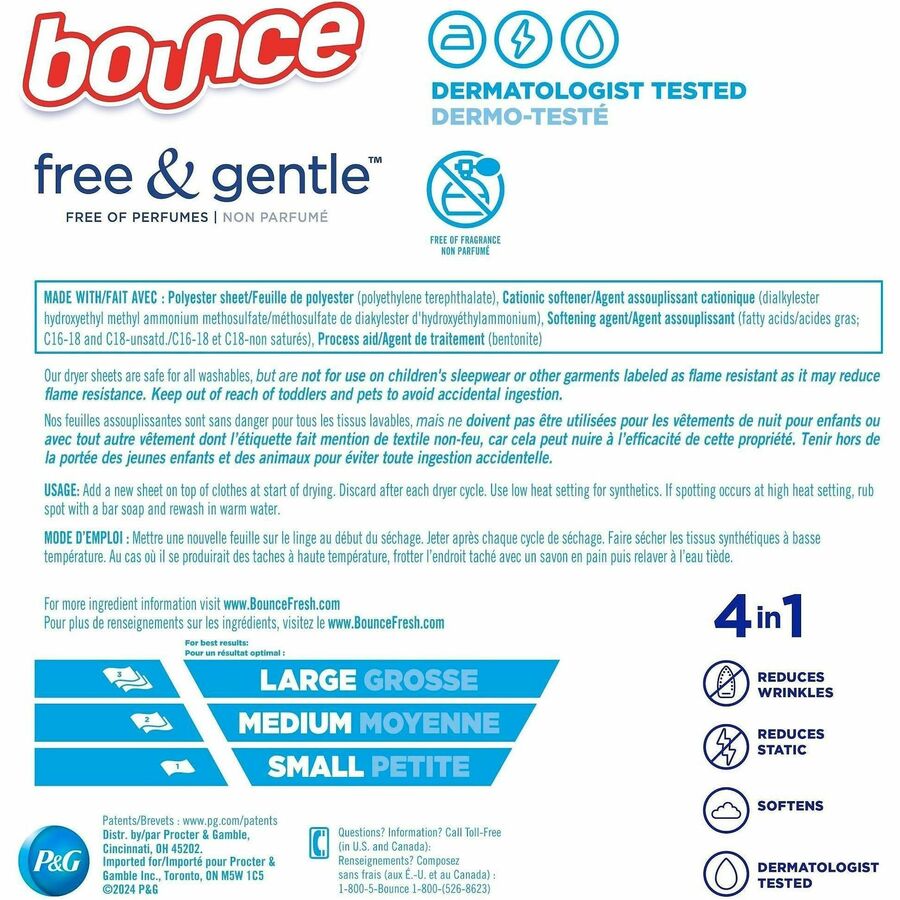 Bounce Free & Gentle Dryer Sheets, Hypoallergenic, Fragrance-Free, Dye-Free, White, 240 Sheets per Box