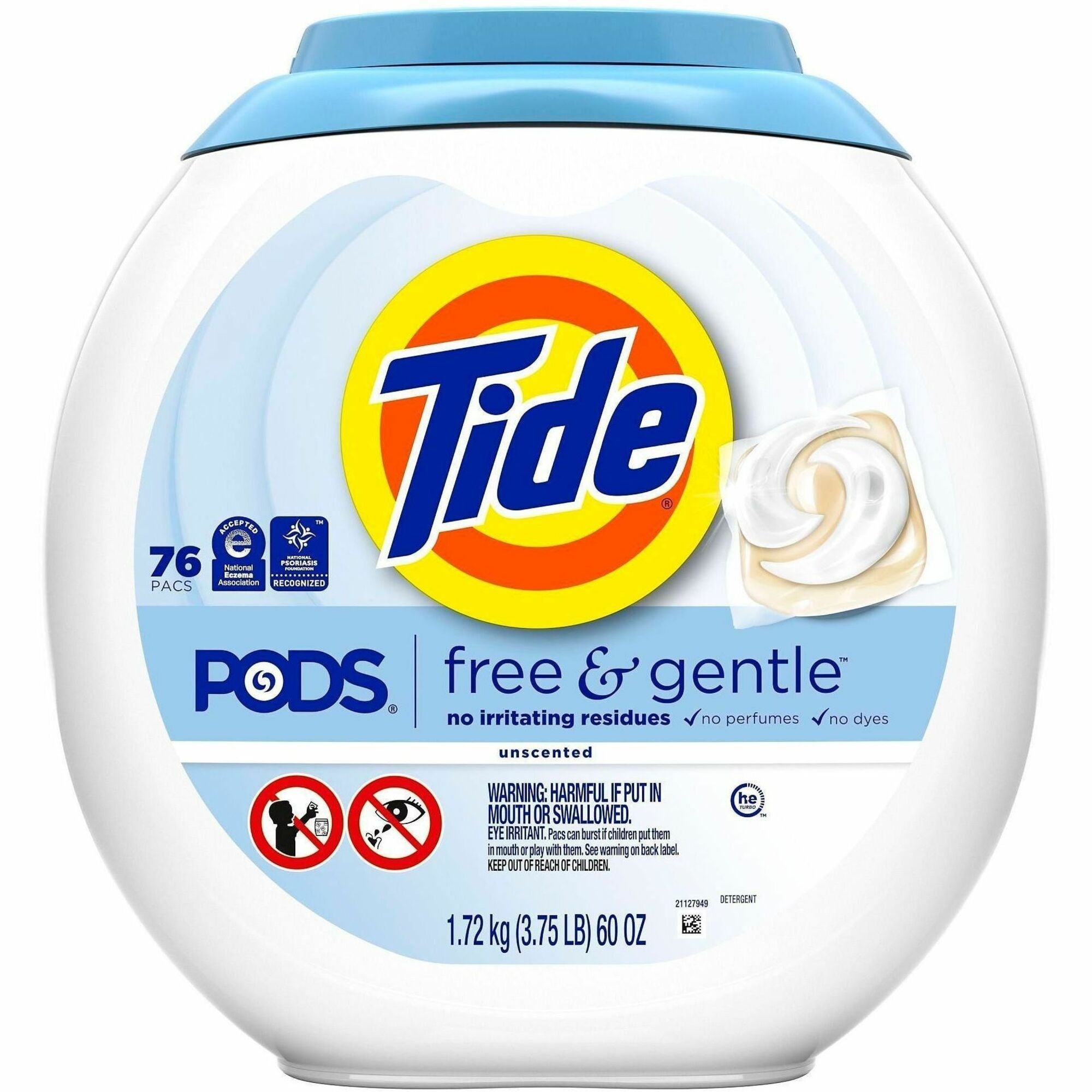 For Washing Machine, Laundry, Clothes - Concentrate - Pod - 56 oz (3.50 lb) - Recommended For: Stain Remover - Hypoallergenic, Dye-free, Color Safe, Unscented, Non-irritating - White - 76/Tub - 4 / Carton