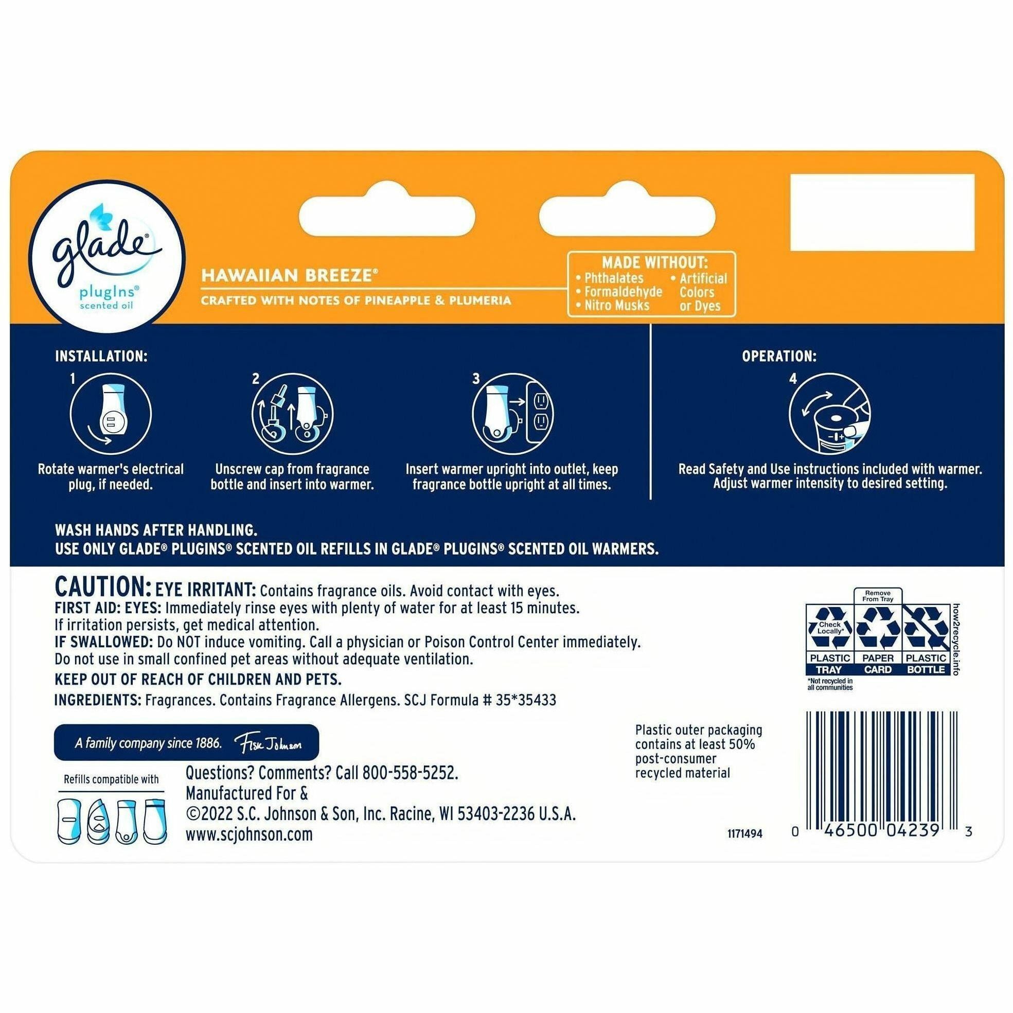 Glade PlugIns Scented Oil - Oil - 4.6 fl oz (0.1 quart) - Hawaiian Breeze - Paraben-free, Phthalate-free, Nitro Musk Free, Formaldehyde-free - 7 / Pack