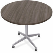 Special-T ZIA Series Round Hospitality Tables, 42" Diameter, 29" Height, Gray Driftwood High Pressure Laminate, Powder Coated X-Shaped Cast Aluminum/Steel Base, Mid-Century Modern Style, 6 Tables per Bundle