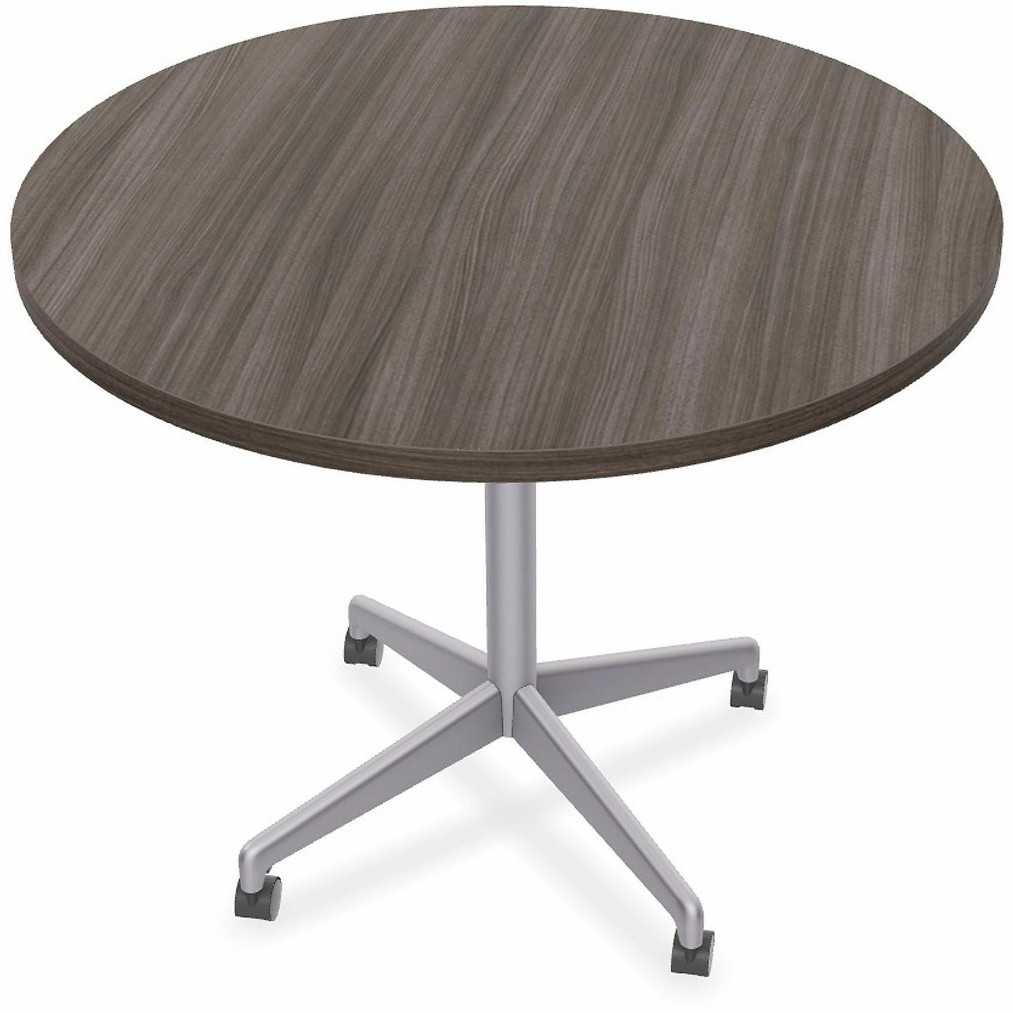 Special-T ZIA Series Round Hospitality Tables, 42" Diameter, 29" Height, Gray Driftwood High Pressure Laminate, Powder Coated X-Shaped Cast Aluminum/Steel Base, Mid-Century Modern Style, 6 Tables per Bundle