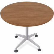 Special-T ZIA Series Round Hospitality Tables, 36" Diameter, 29" Height, Walnut High Pressure Laminate Top, Powder Coated X-Shaped Cast Aluminum and Steel Base, Mid-Century Modern Style, 10 Tables per Bundle