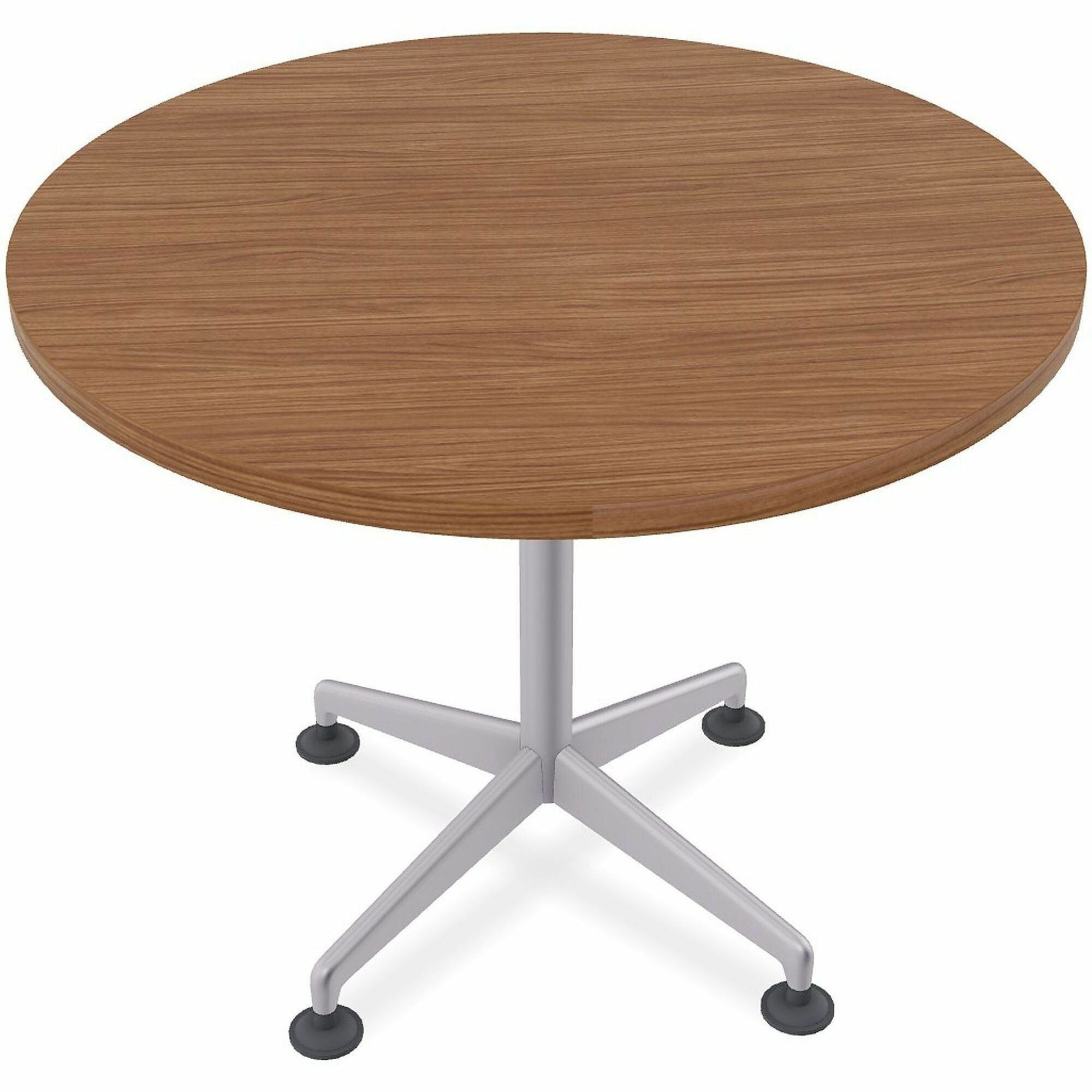 Special-T ZIA Series Round Hospitality Tables, 36" Diameter, 29" Height, Walnut High Pressure Laminate Top, Powder Coated X-Shaped Cast Aluminum and Steel Base, Mid-Century Modern Style, 10 Tables per Bundle