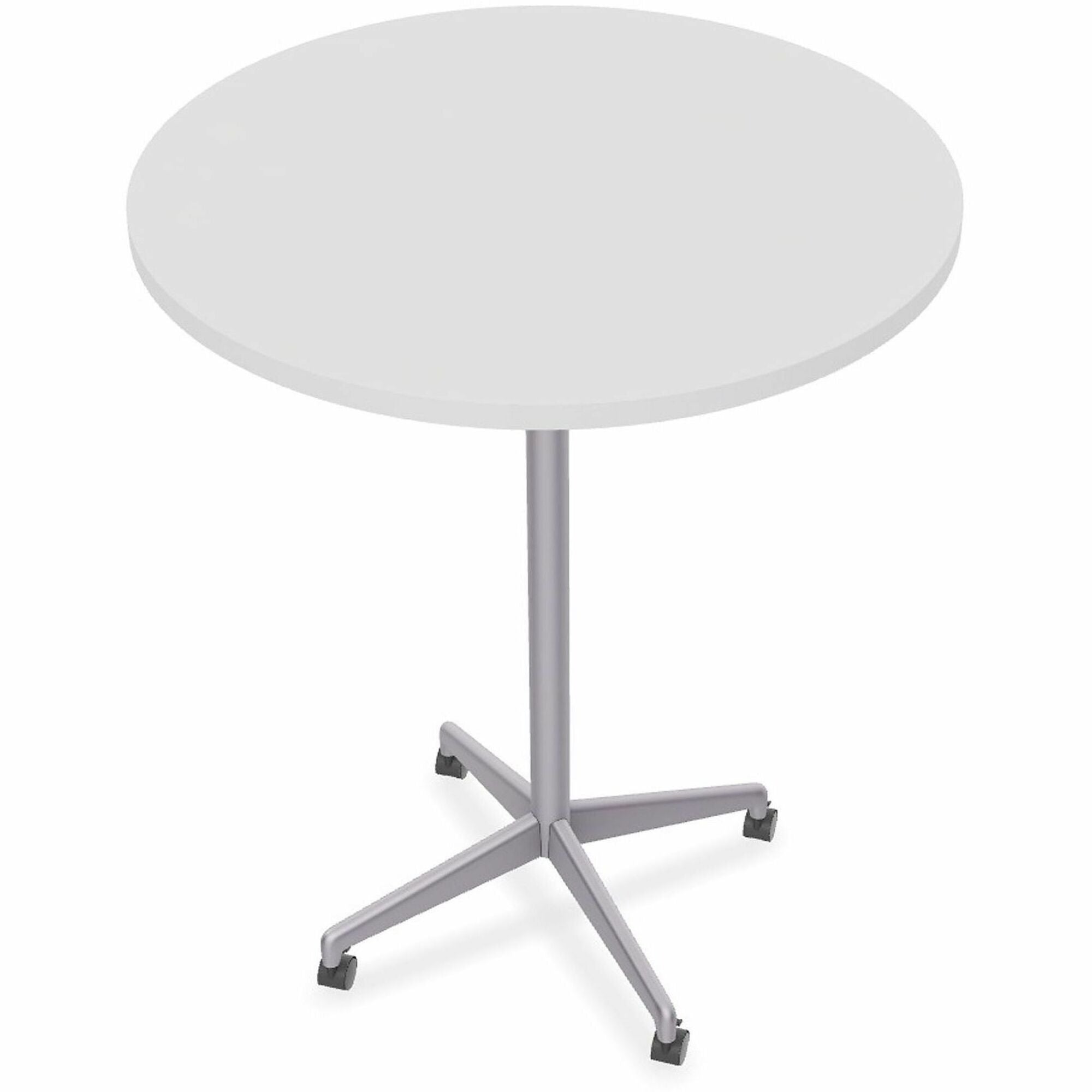 Special-T ZIA Series Round Hospitality Tables, 42" Diameter, 42" Height, White High Pressure Laminate, Powder Coated X-shaped Cast Aluminum/Steel Base, Mid-Century Modern Style, 6 Tables per Bundle