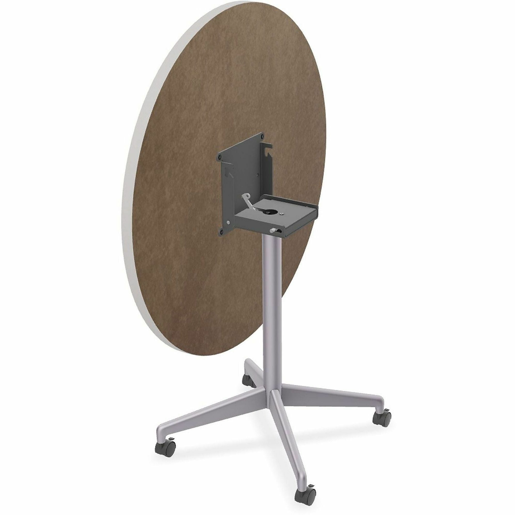 Special-T ZIA Series Round Hospitality Tables, 42" Diameter, 29" Height, Gray High Pressure Laminate Top, Powder Coated X-Shaped Cast Aluminum and Steel Base, Mid-Century Modern Style, 6 Tables per Bundle