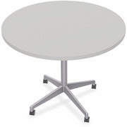 Special-T ZIA Series Round Hospitality Tables, 42" Diameter, 29" Height, Gray High Pressure Laminate Top, Powder Coated X-Shaped Cast Aluminum and Steel Base, Mid-Century Modern Style, 6 Tables per Bundle