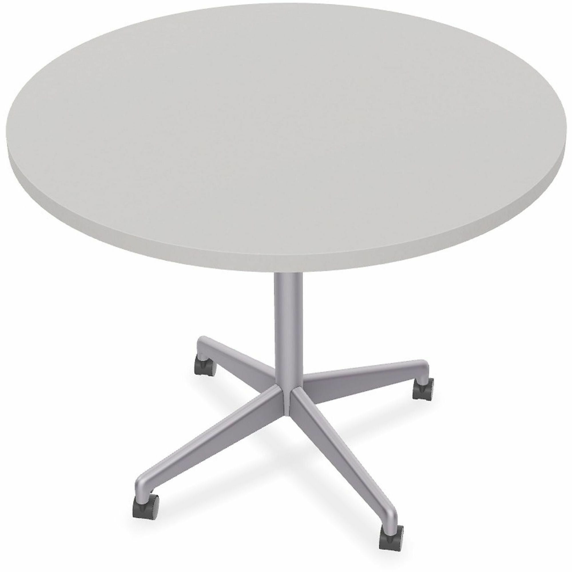 Special-T ZIA Series Round Hospitality Tables, 42" Diameter, 29" Height, Gray High Pressure Laminate Top, Powder Coated X-Shaped Cast Aluminum and Steel Base, Mid-Century Modern Style, 6 Tables per Bundle