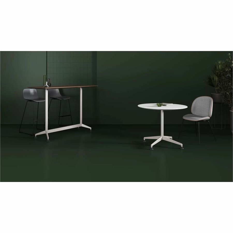 Special-T ZIA Series Round Hospitality Tables, 42" Diameter, 29" Height, Gray High Pressure Laminate Top, Powder Coated X-Shaped Cast Aluminum and Steel Base, Mid-Century Modern Style, 6 Tables per Bundle