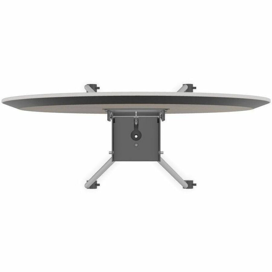 Special-T ZIA Series Round Hospitality Tables, 42" Diameter, 29" Height, Gray High Pressure Laminate Top, Powder Coated X-Shaped Cast Aluminum and Steel Base, Mid-Century Modern Style, 6 Tables per Bundle