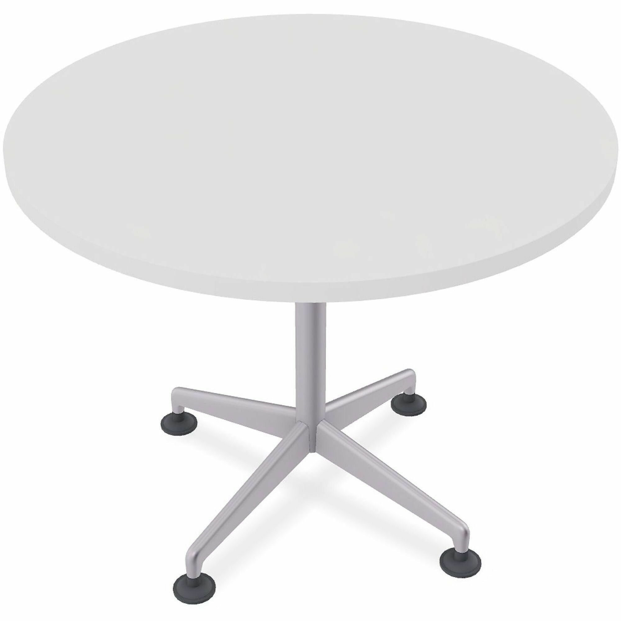 Special-T ZIA Series Round Hospitality Tables, 36" Diameter, 29" Height, White High Pressure Laminate Top, Powder Coated X-Shaped Cast Aluminum and Steel Base, Mid-Century Modern Style, 10 Tables per Bundle