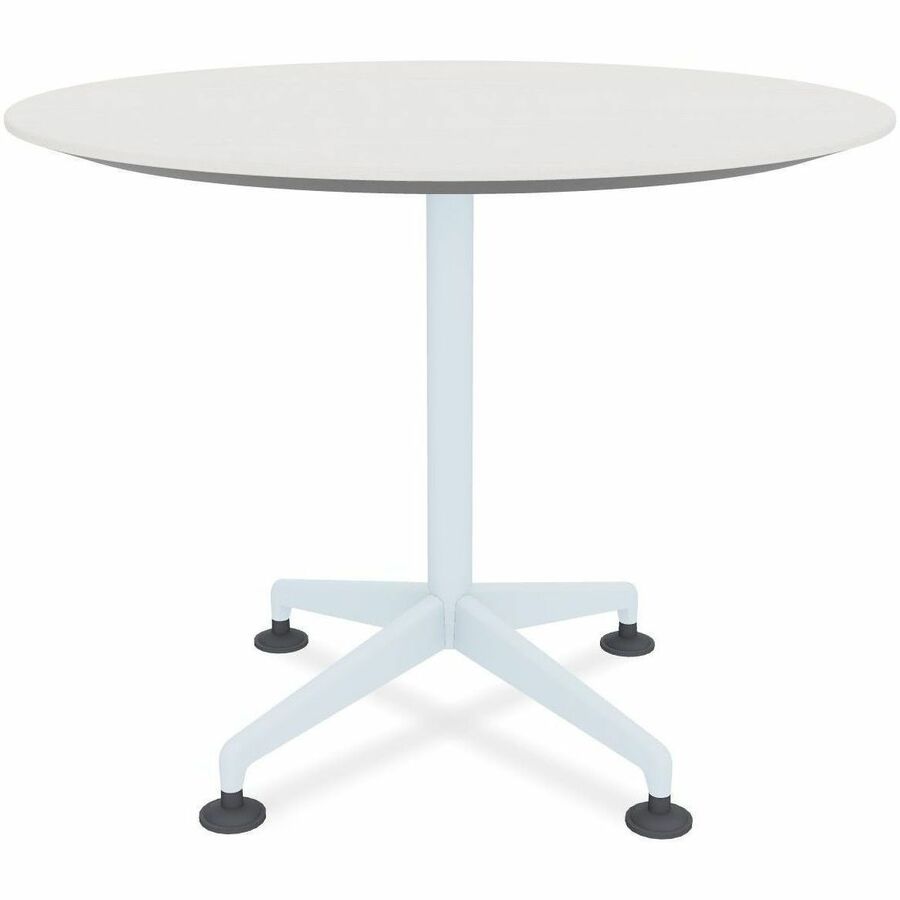 Special-T ZIA Series Round Hospitality Tables, 36" Diameter, 29" Height, White High Pressure Laminate Top, Powder Coated X-Shaped Cast Aluminum and Steel Base, Mid-Century Modern Style, 10 Tables per Bundle