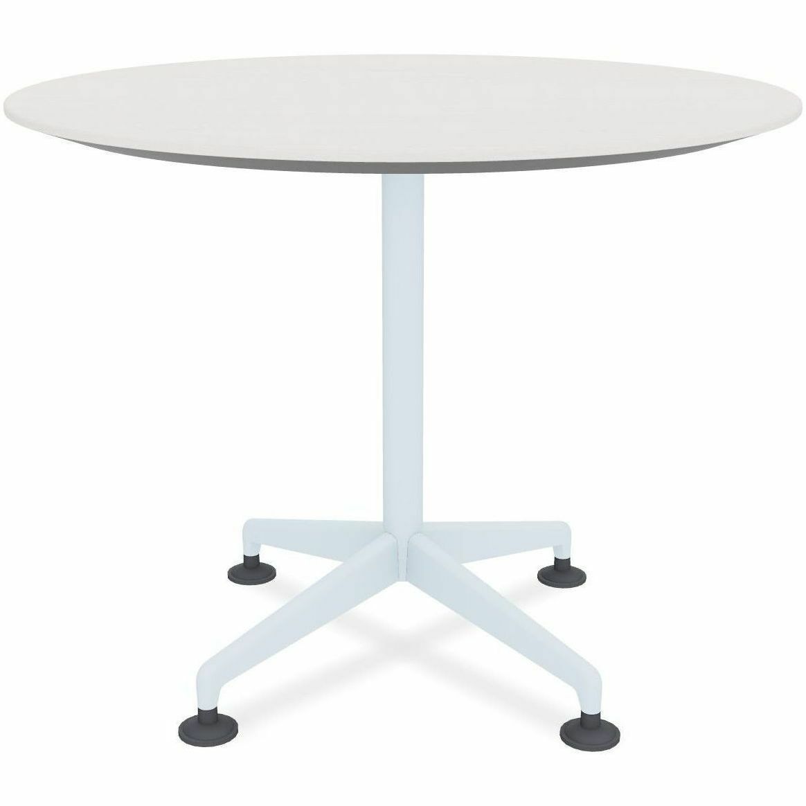 Special-T ZIA Series Round Hospitality Tables, 36" Diameter, 29" Height, White High Pressure Laminate Top, Powder Coated X-Shaped Cast Aluminum and Steel Base, Mid-Century Modern Style, 10 Tables per Bundle