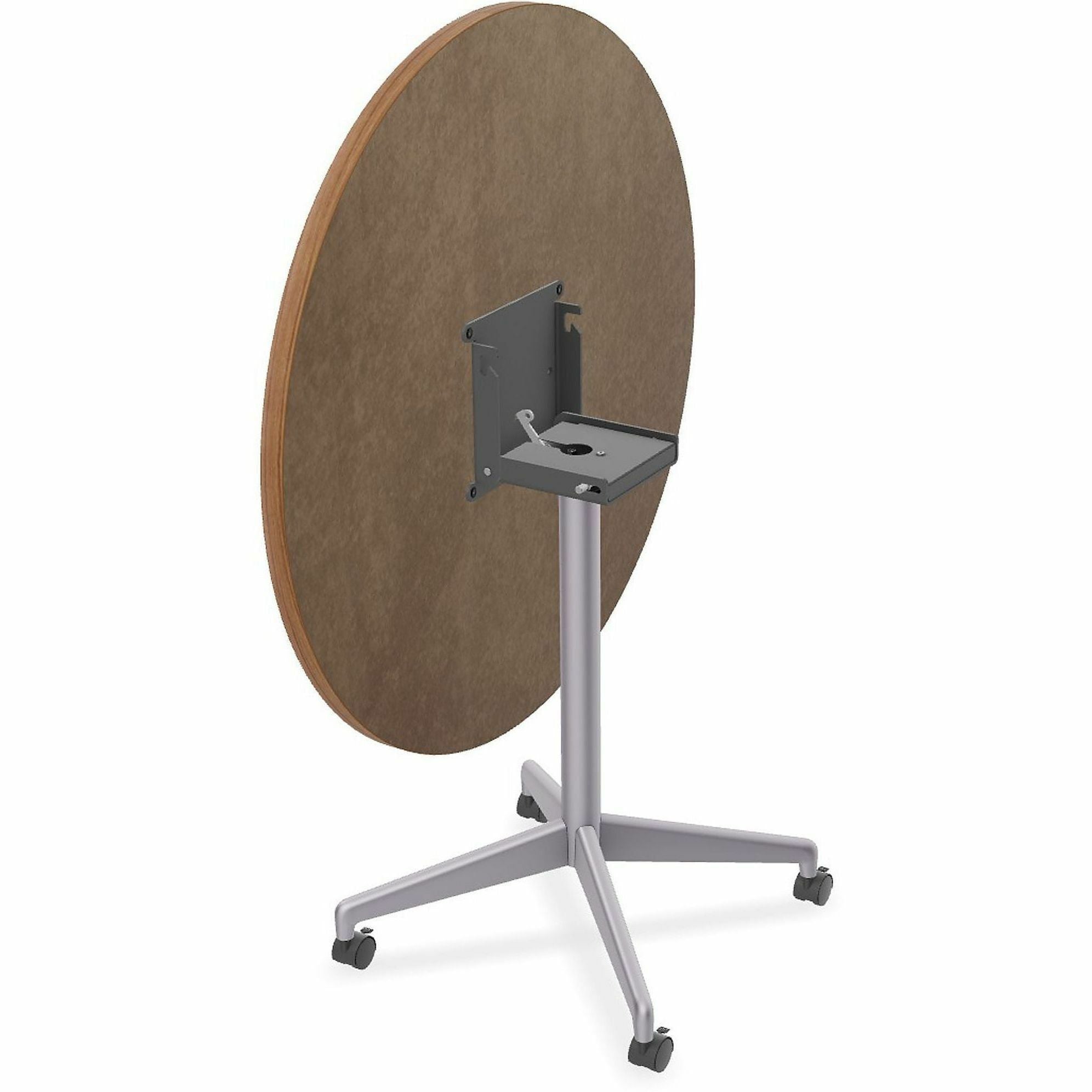 Special-T ZIA Series Round Hospitality Tables, 42" Diameter, 29" Height, Walnut High Pressure Laminate Top, Powder Coated X-Shaped Cast Aluminum/Steel Base, Mid-Century Modern Style, 6 per Bundle