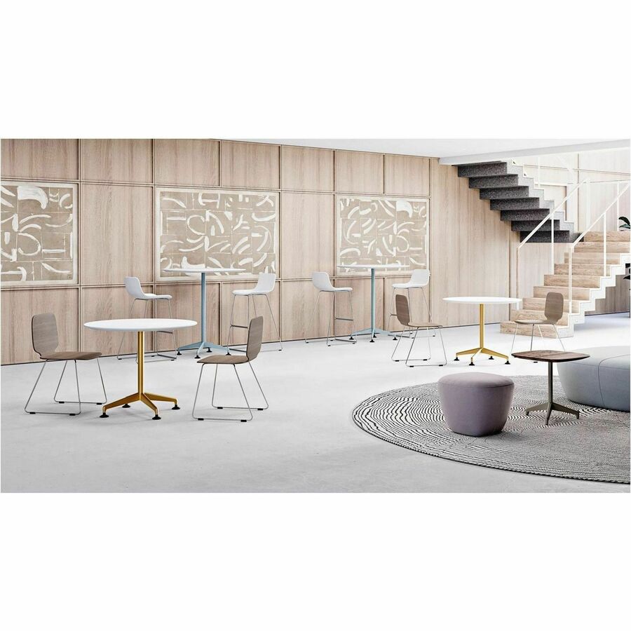 Special-T ZIA Series Round Hospitality Tables, 42" Diameter, 29" Height, Walnut High Pressure Laminate Top, Powder Coated X-Shaped Cast Aluminum/Steel Base, Mid-Century Modern Style, 6 per Bundle