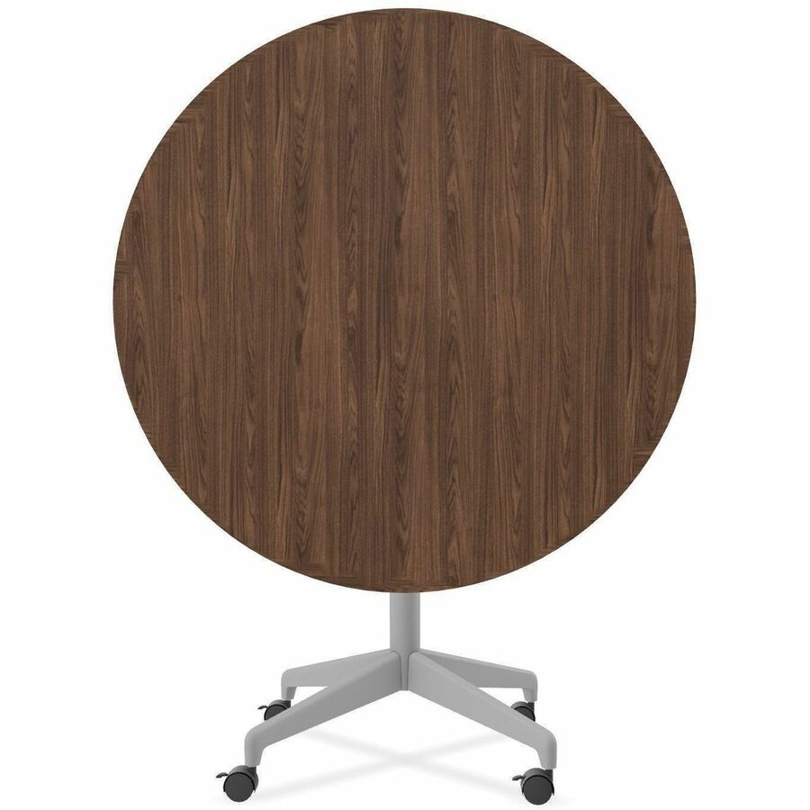 Special-T ZIA Series Round Hospitality Tables, 42" Diameter, 29" Height, Walnut High Pressure Laminate Top, Powder Coated X-Shaped Cast Aluminum/Steel Base, Mid-Century Modern Style, 6 per Bundle