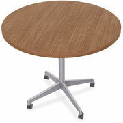 Special-T ZIA Series Round Hospitality Tables, 42" Diameter, 29" Height, Walnut High Pressure Laminate Top, Powder Coated X-Shaped Cast Aluminum/Steel Base, Mid-Century Modern Style, 6 per Bundle