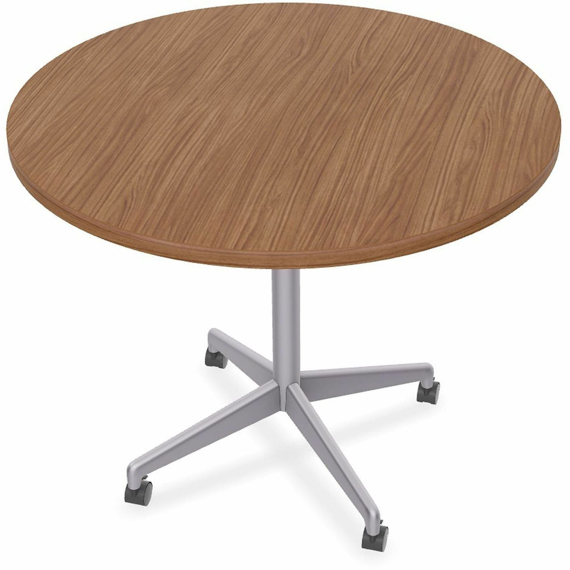 Special-T ZIA Series Round Hospitality Tables, 42" Diameter, 29" Height, Walnut High Pressure Laminate Top, Powder Coated X-Shaped Cast Aluminum/Steel Base, Mid-Century Modern Style, 6 per Bundle