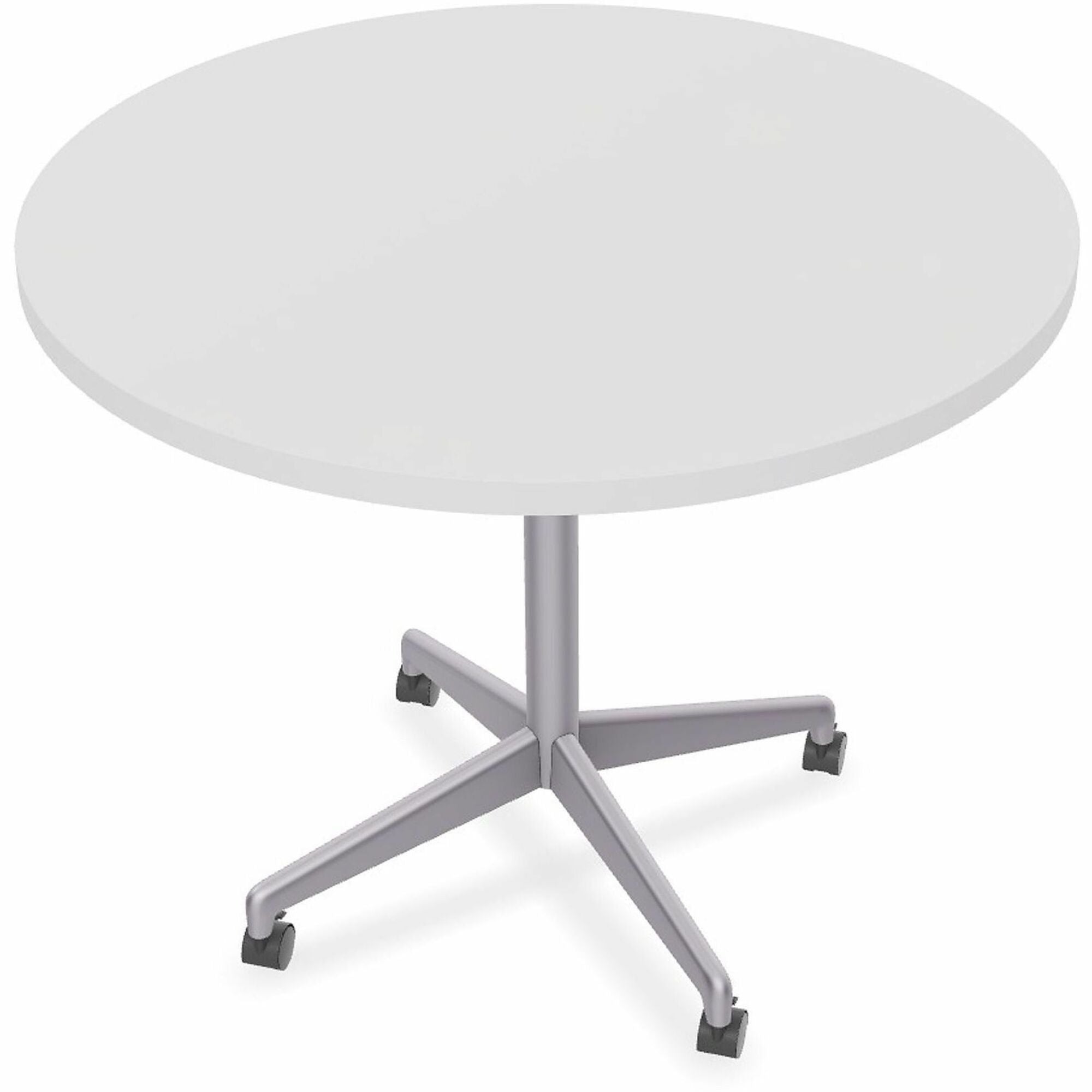 Special-T ZIA Series Round Hospitality Tables, 42" Diameter, 29" Height, White High Pressure Laminate Top, Powder Coated X-Shaped Cast Aluminum and Steel Base, Mid-Century Modern Style, 6 per Bundle