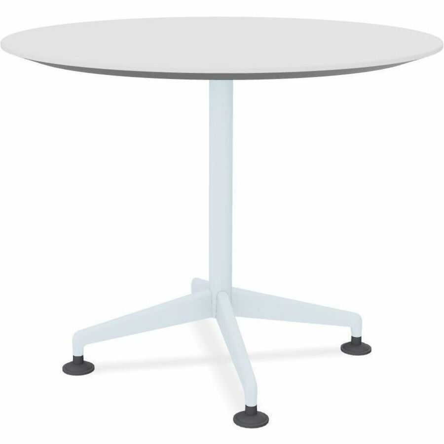 Special-T ZIA Series Round Hospitality Tables, 42" Diameter, 29" Height, White High Pressure Laminate Top, Powder Coated X-Shaped Cast Aluminum and Steel Base, Mid-Century Modern Style, 6 per Bundle