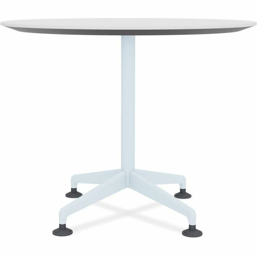 Special-T ZIA Series Round Hospitality Tables, 42" Diameter, 29" Height, White High Pressure Laminate Top, Powder Coated X-Shaped Cast Aluminum and Steel Base, Mid-Century Modern Style, 6 per Bundle