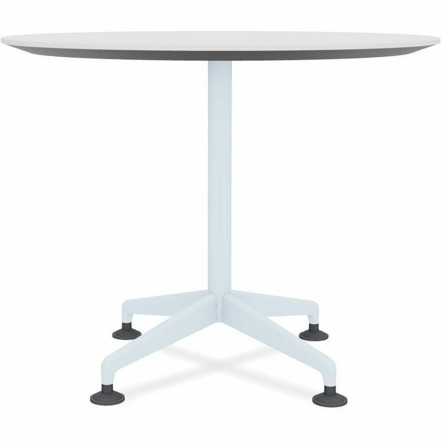 Special-T ZIA Series Round Hospitality Tables, 42" Diameter, 29" Height, White High Pressure Laminate Top, Powder Coated X-Shaped Cast Aluminum and Steel Base, Mid-Century Modern Style, 6 per Bundle